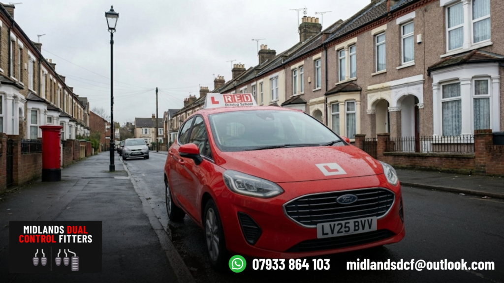 2025 Ford Fiesta learner car driving on a suburban street with learner 'L' plate, suitable for driving instructor lessons.