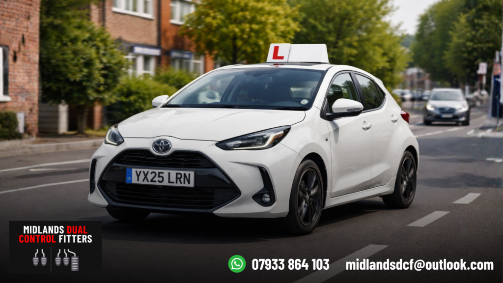 2025 Toyota Yaris learner car driving down a suburban street with 'L' plate, suitable for instructor lessons.