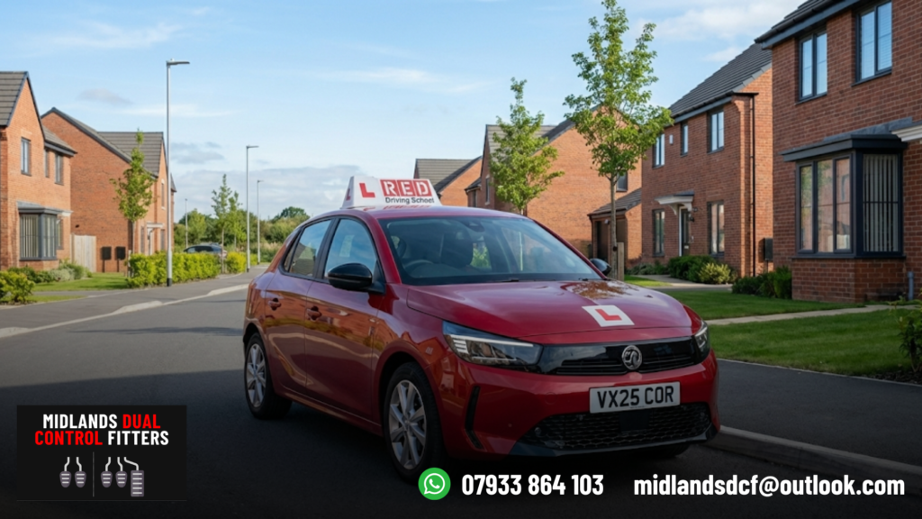 2025 Vauxhall Corsa learner car driving through a residential street with visible 'L' learner plate for instructor lessons.