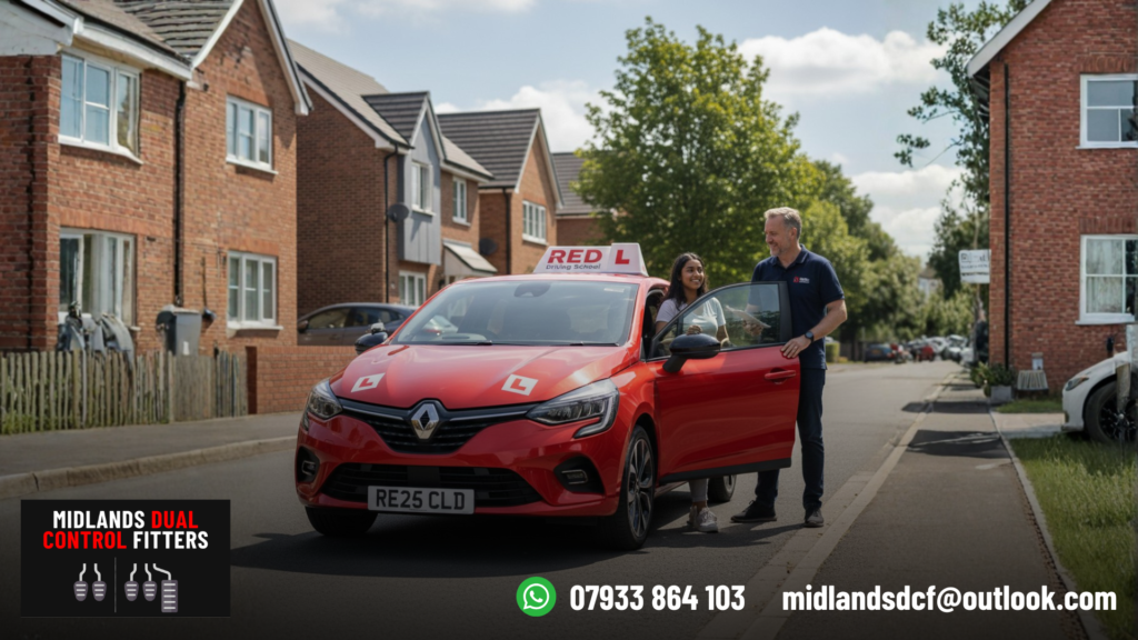2025 Renault Clio learner car driving on a city street with visible 'L' plate for driving instruction purposes.