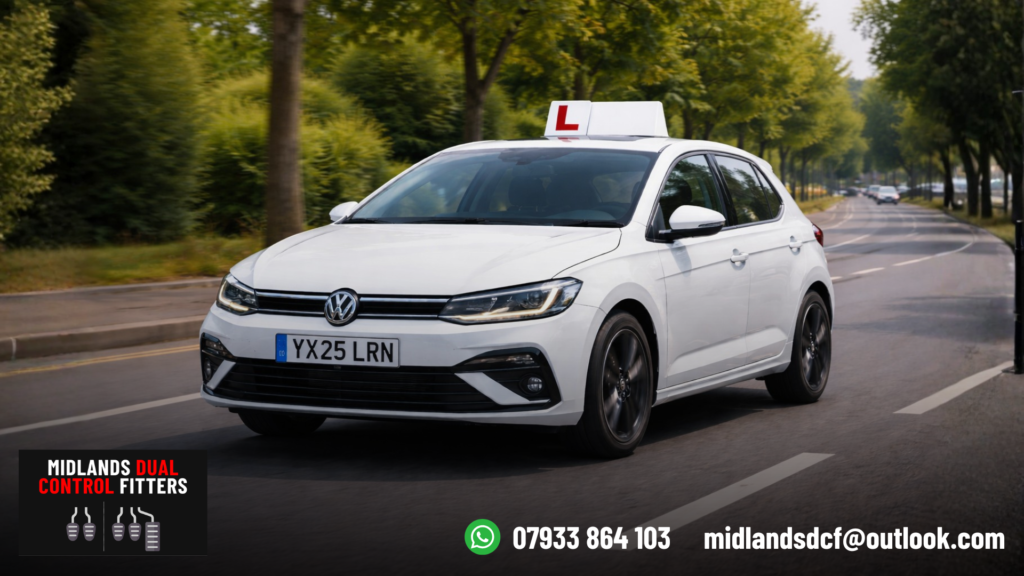 2025 Volkswagen Polo learner car driving through a modern city street with visible red 'L' plate for driving instruction.